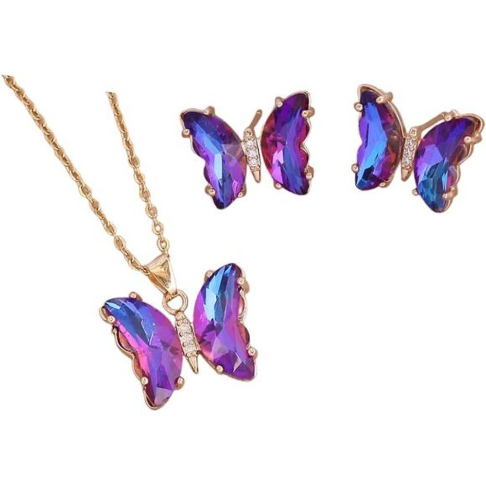 Cubic Zirconia Butterfly Necklace Earrings Set Gold